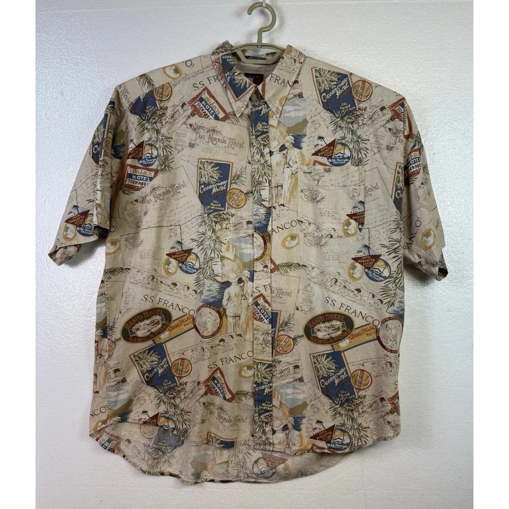 Vtg Tommy Hilfiger Men's XL Linen Blend Hawaiian Island Print Short Sleeve Shirt